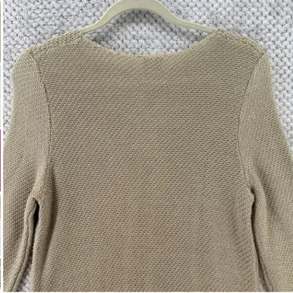 Chico's Sweater 1 M/8 Khaki Metallic Slanted Hem Heidi Pullover 3/4 Sleeves New - Picture 7 of 7
